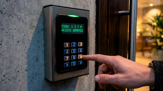 Hand Entering Security Code on Wall-Mounted Access Control Keypad