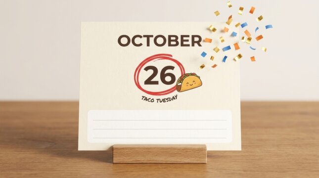 Calendar Card October 26 with Confetti and Taco Icon on Wooden Stand