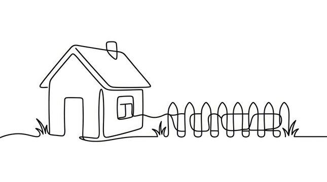 Continuous line drawing of a house with a fence