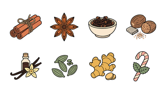 Boho style winter holiday spices and baking ingredients vector set including cinnamon star anise cloves nutmeg vanilla cardamom ginger and candy cane.