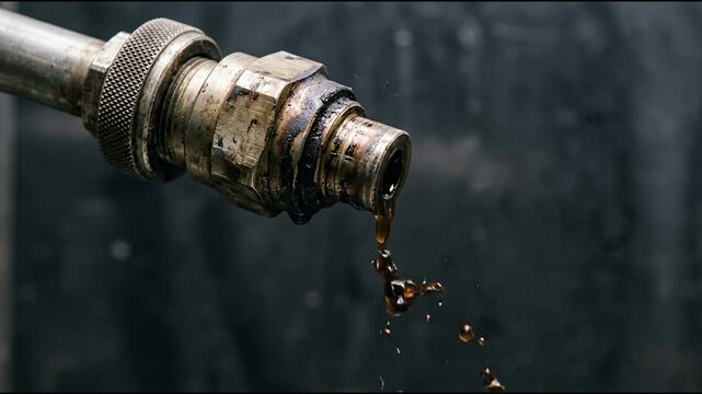 Fuel nozzle ejecting a deflected fluid jet past dark asymmetric coke deposits on the discolored metal body