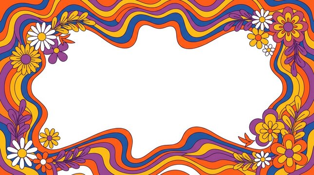 Retro 1970s style wavy border frame with colorful flowers and copy space in the center