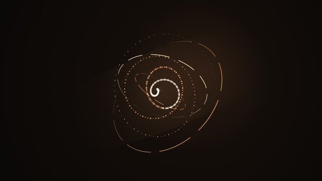 Abstract digital atom model with glowing particles and orbital rings on a dark brown background