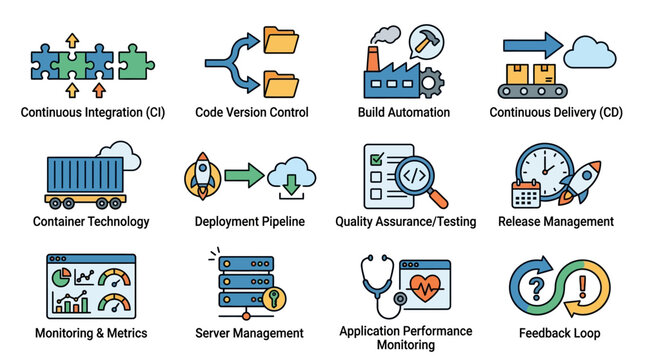 Industrial Themed Visual Guide to DevOps CI CD Pipeline with Colorful Icons and Key Components with high quality professional line art symbols for modern creative design and digital branding projects