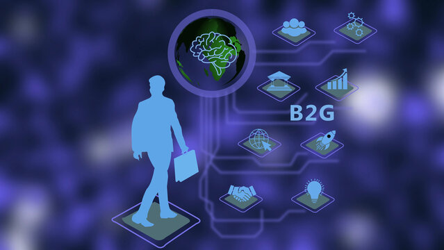 Business to government b2 g concept featuring a blue silhouette of a businessman and a brain inside a digital globe on a dark blue background