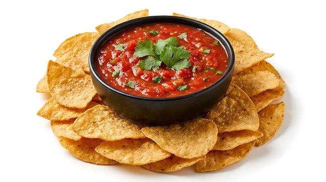 Bowl of fresh tomato salsa with tortilla chips isolated on white background