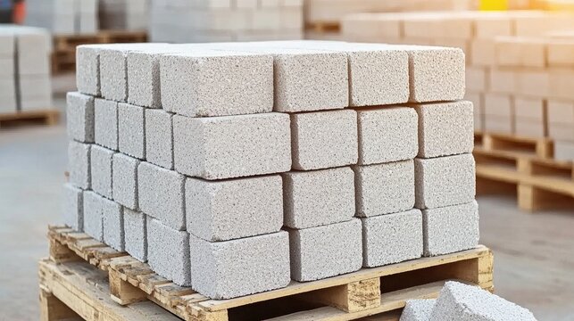 Stacks of gray concrete cinder blocks arranged meticulously in a factory with a blurred background showcasing quality craftsmanship