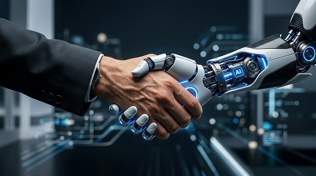 Human businessman and robot hand shaking hands as a symbol of artificial intelligence and technology partnership