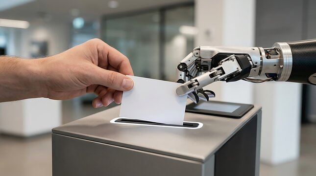 A human hand and a robotic arm placing a ballot paper into a voting box during a modern election process