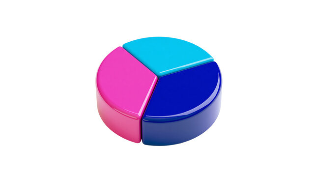 Isolated three dimensional pie chart model with vibrant glossy colorful segments on a clean plain backdrop.
