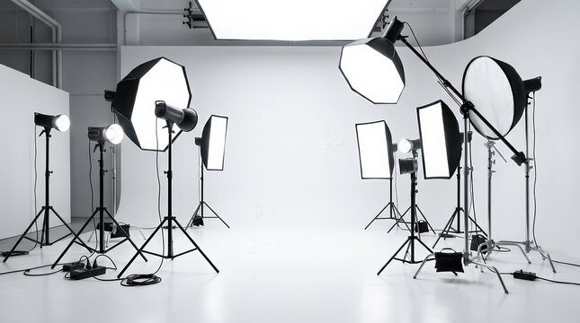 Studio photography equipment including softboxes and lamps in a bright room.