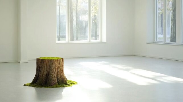 A serene product presentation space featuring a large tree stump adorned with moss in a bright, minimalist environment