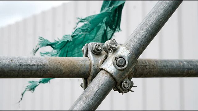 Steel swivel coupler connecting diagonal brace tube to vertical scaffolding pipe on temporary metal construction hoarding stabilizer
