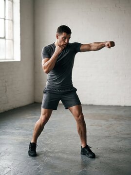 Fit man shadow boxing in a bright industrial gym with natural window light