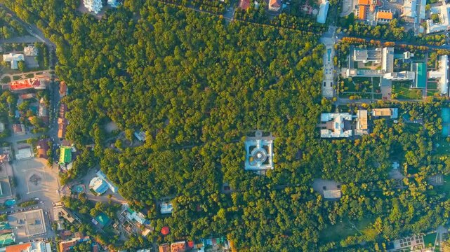 Yessentuki, Russia. Upper baths. Resort park. Park of Culture and Leisure. Sunset time. Drone footage, HEAD OVER SHOT