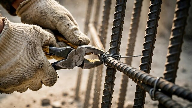 Closeup of a construction worker&rsquo;s gloved hands using an industrial pliers to secure a thin tie wire around weathered heavy, ribbed steel rebar intersections