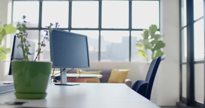 Camera is pushing in on desk with monitor and plant to emphasize desk against bright window
