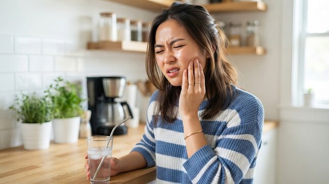 Woman Suffering Sharp Dental Pain Holding Her Jaw Inside Kitchen Environment During Day Time Home