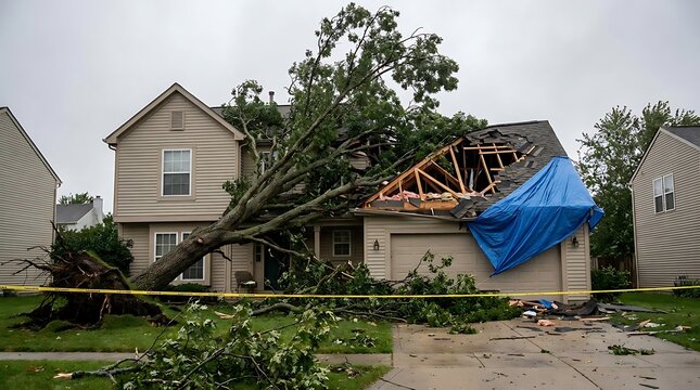 Large tree fallen on the roof of a suburban house after a strong storm with a blue tarp covering the damaged area