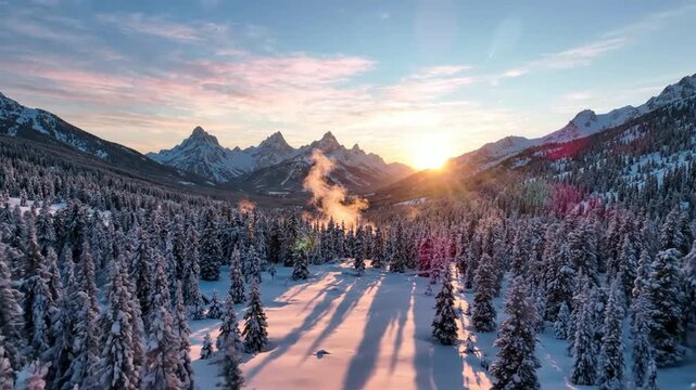 Aerial winter sunrise over snowy pine forest and mountains, cinematic alpine landscape