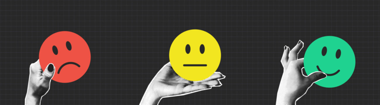 Collage halftone hands holding feedback emoji. People give positive, normal and negative emoticons in hand. Collage design. Customer satisfaction concept. Vector.