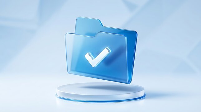 3D glossy blue folder icon with a white check mark symbol floating on a pedestal for file management and data storage