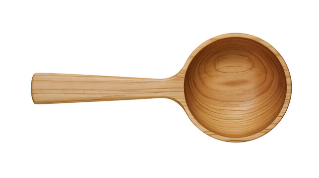 Isolated rustic natural wooden scoop with handle, useful kitchen utensil for measuring food