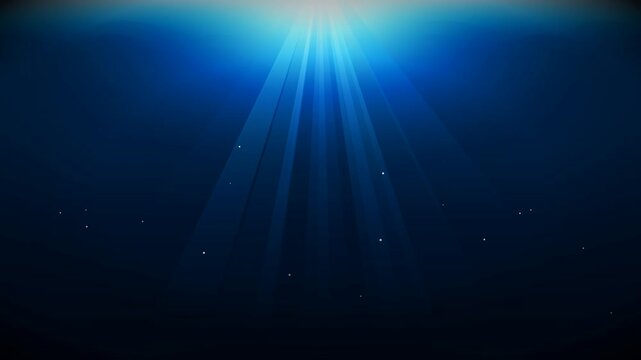 Deep Underwater Sunbeams and Volumetric Light Rays with Floating Micro Particles in Dark Blue Ocean Background