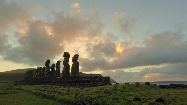 Ahu Tongariki moai statues on Easter Island, Rapa Nui landscape, Chile