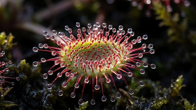 Macro Detail of Sticky Mucilage Droplets on a Wild Sundew Plant