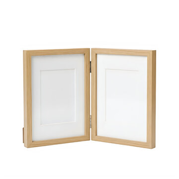 Double folding wooden picture frame for two photos isolated on transparent background, illustration