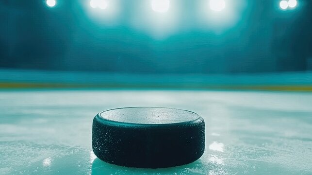 An abstract view of a hockey stick and puck on the rink symbolizing sports competition and business success under stadium lights