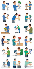 Fototapeta premium Comprehensive collection of flat vector illustrations featuring male engineers and scientists assembling, testing, and interacting with humanoid robot heads and AI technology components.
