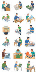 Fototapeta premium Set of flat vector illustrations depicting men engaged in diverse activities such as packing boxes, working at desks, repairing equipment, manufacturing, and shipping goods on a white background.