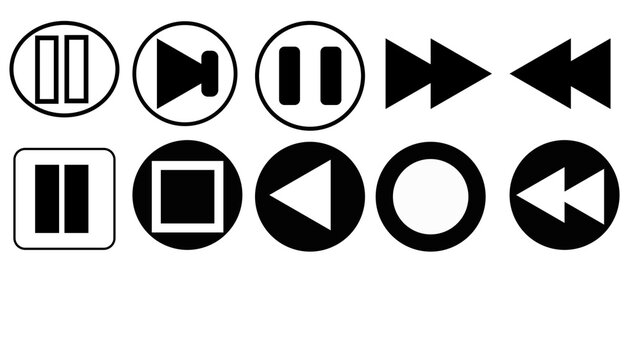 Media player buttons icon set with pause, play, stop, fast forward, and rewind symbols on white background.
