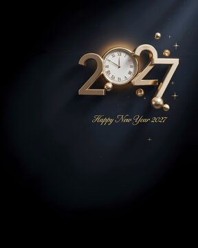 Happy New Year 2027 celebration poster featuring gold numbers and a clock replacing the zero. Elegant festive typography on dark background