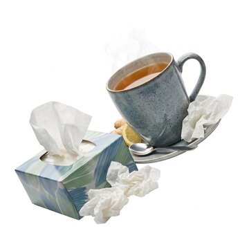 Stuffy Nose Hot Drink. Steaming cup of herbal tea with lemon and ginger beside tissue box and crumpled used tissues. Winter cold and flu remedy still life isolated on white background.