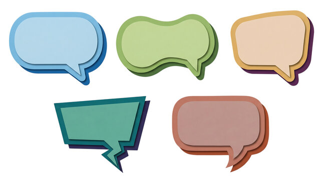 Set of five colorful paper craft speech bubbles 