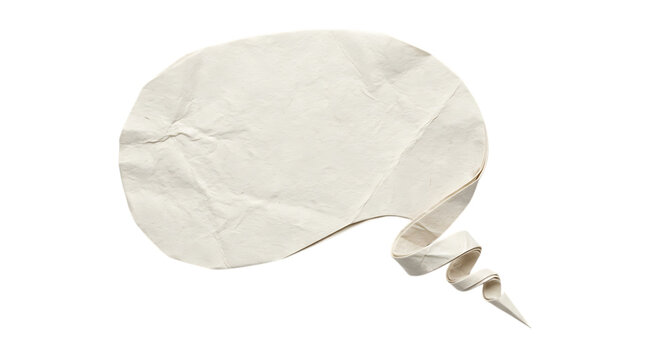 Crumpled white paper speech bubble with twisted tail on transparent background
