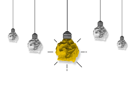 Hanging light bulbs made by crumpled paper ball with one glowing. Electric extinct lightbulbs set and one glowing. Idea concept and choosing successful idea from many failed ones. Vector.