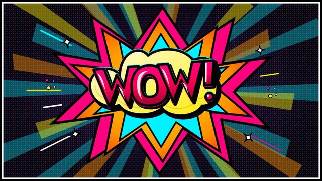 Pop Art Comic Book WOW Burst Animation Loop with Halftone Dots and Retro Sunburst Rays for Creative Video Intros