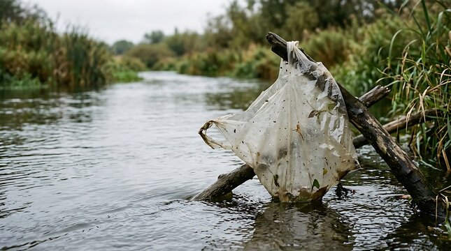 Discarded single-use plastic bag caught on tree branch in natural river environment representing plastic pollution