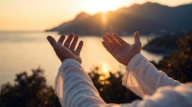 Spiritual religious freedom and hope expressed through hands reaching for the sunset light.