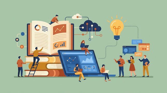 The merging of in-person and online learning resources in a modern education visual representation.