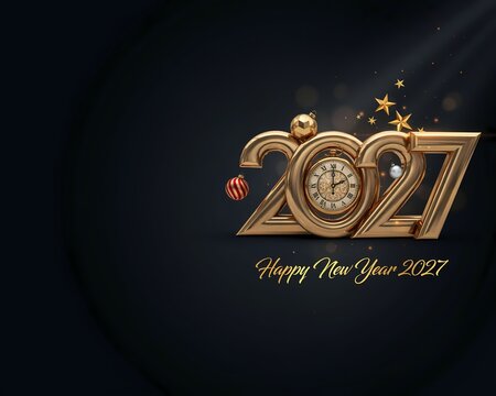 Happy New Year 2027 gold typography banner. Elegant 3D numbers with vintage clock golden stars and holiday ornaments on dark background