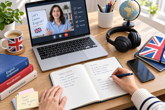 Online English lesson and language learning workspace with laptop, notebook and study materials