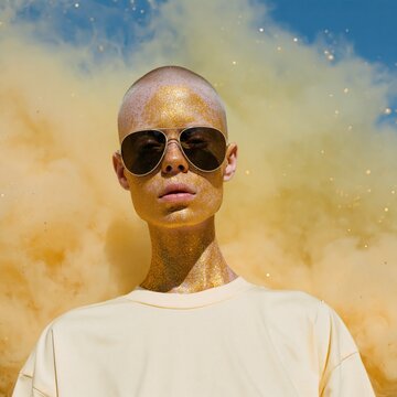 High contrast fashion portrait of a bald model covered in gold glitter wearing sunglasses with yellow smoke for editorial poster design