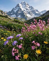 Fototapeta premium Wildflowers blooming in an alpine meadow with a snow capped mountain