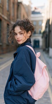 Young woman urban street portrait with pink backpack and navy jacket for lifestyle background and banner design