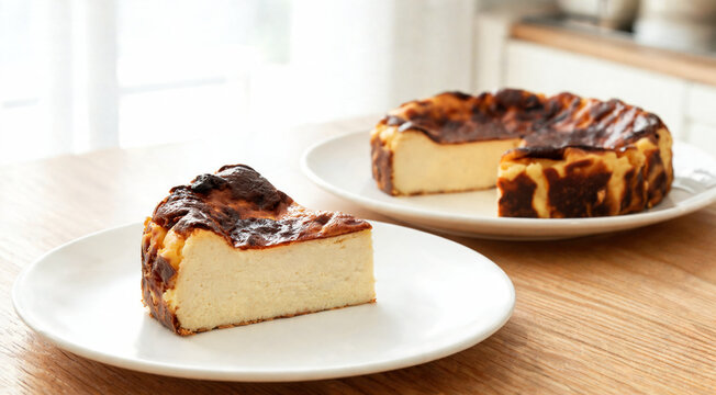 A delicious burnt Basque cheesecake on a white plate, with a whole cheesecake in the background. The cheesecake has a creamy interior and a caramelized top